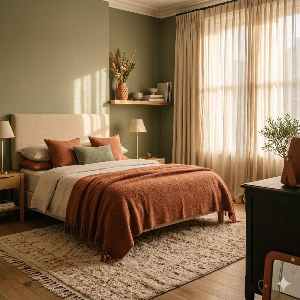 Bedroom design with sage tones