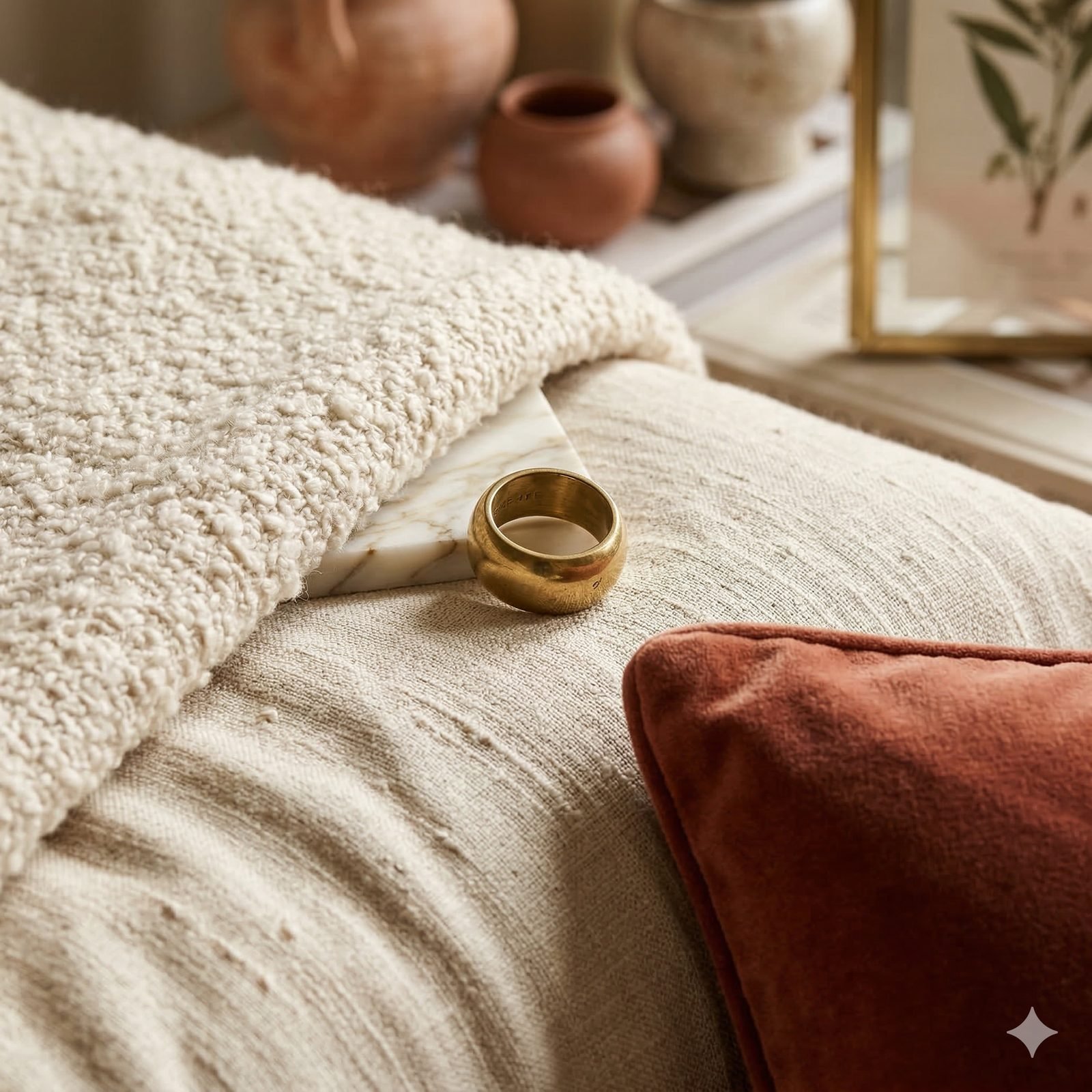 A detail shot of layered cushions and considered materials, representative of the fabric houses Aubury sources from