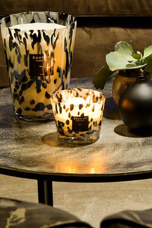 Two Baobab Collection candles in leopard-patterned glass on a round aged-metal side table, the smaller candle lit, a small black ball vase and a brass bud vase with a green succulent alongside