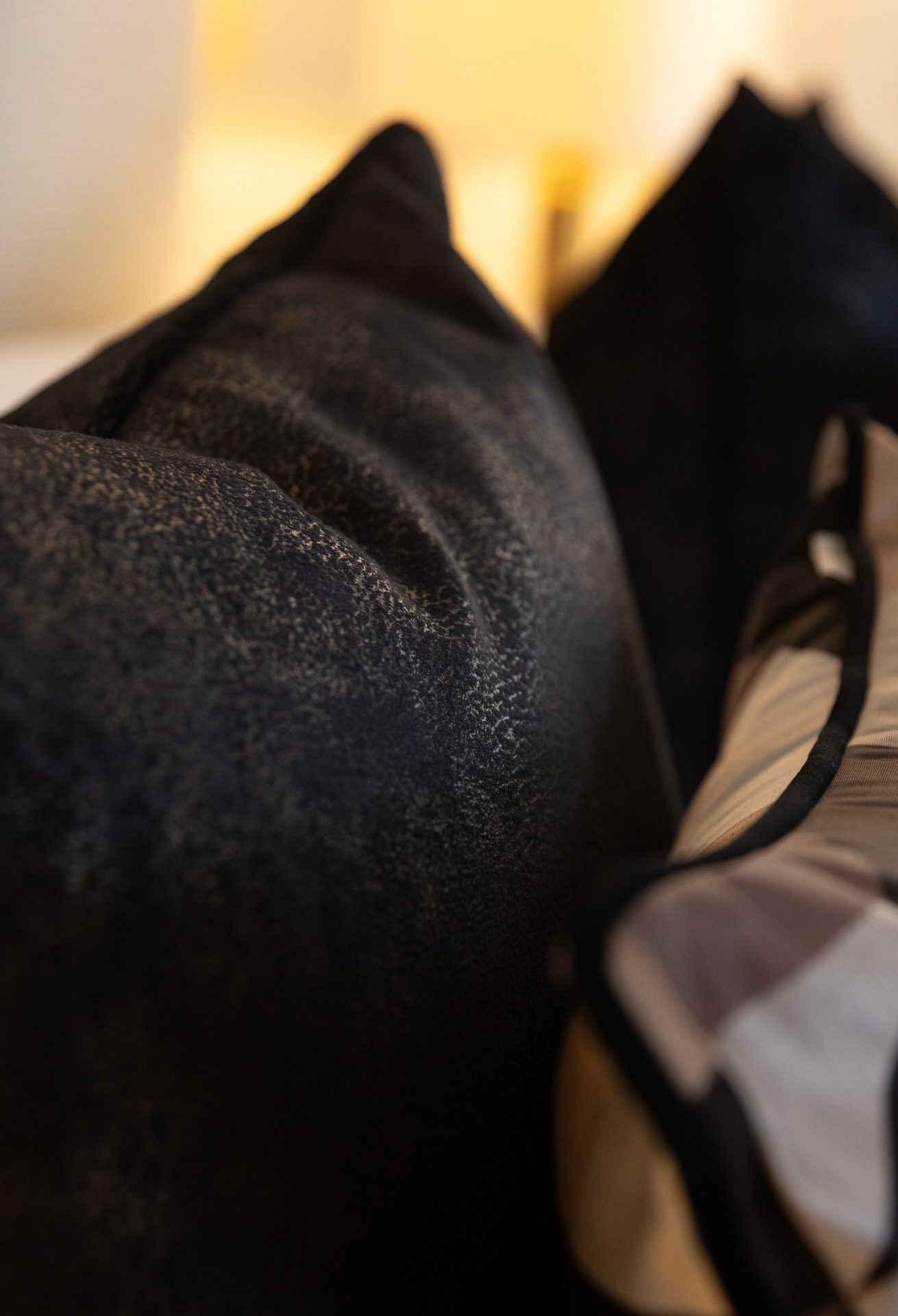 Dark velvet cushion detail in the Sycamore master bedroom